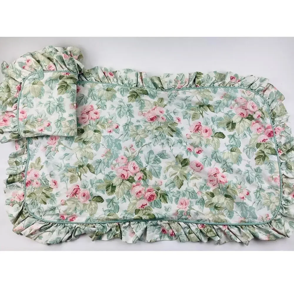 Vntge Laura Ashley KING Cottage Rose Set 2 Ruffled Pillow Shams Green Pink Cases